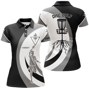 Black white Womens disc golf polo shirt custom name disc golf basket, personalized disc golf shirts NQS4604