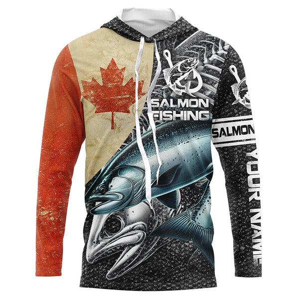 Vintage Canadian Flag Salmon Fishing Custom long sleeve performance Fishing Shirts, Salmon jerseys NQS5334