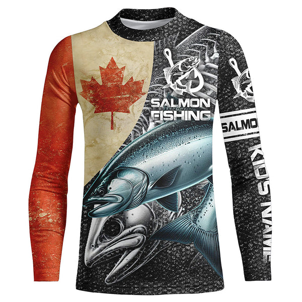 Vintage Canadian Flag Salmon Fishing Custom long sleeve performance Fishing Shirts, Salmon jerseys NQS5334