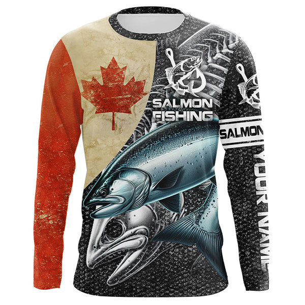 Vintage Canadian Flag Salmon Fishing Custom long sleeve performance Fishing Shirts, Salmon jerseys NQS5334