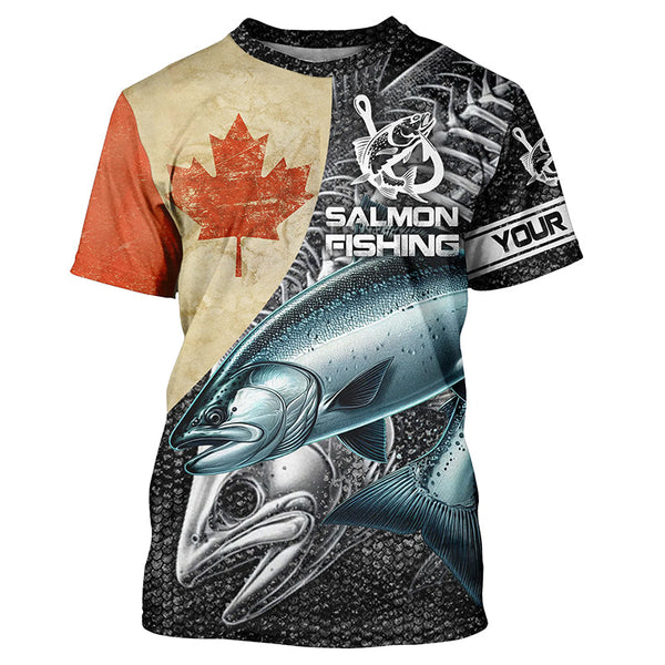 Vintage Canadian Flag Salmon Fishing Custom long sleeve performance Fishing Shirts, Salmon jerseys NQS5334