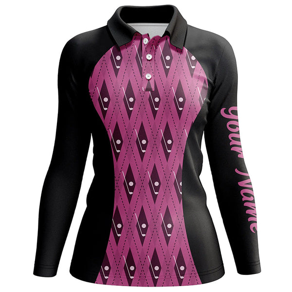 Women golf polo shirt custom black and pink argyle pattern golf clubs ladies golf tops NQS5815