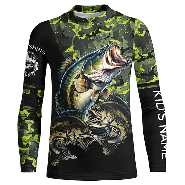 Bass fishing black green camo personalized custom sun protection long sleeve fishing shirts NQS3820