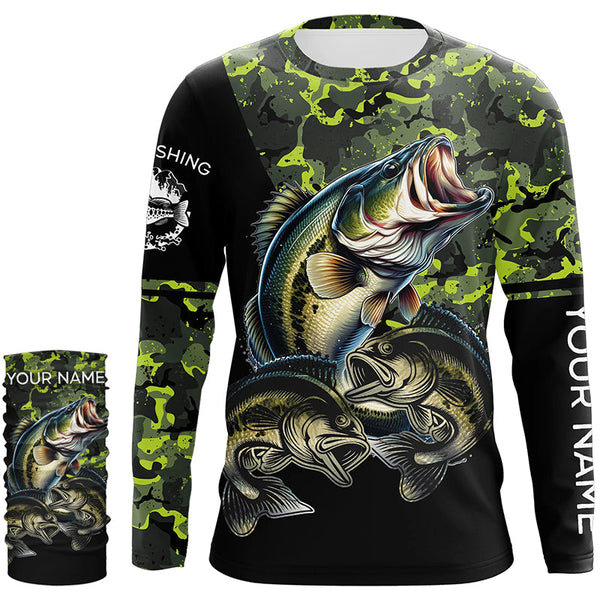 Bass fishing black green camo personalized custom sun protection long sleeve fishing shirts NQS3820