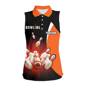 Custom bowling shirts retro black orange Bowling sleeveless polo shirts for women, Bowling team jersey NQS5054