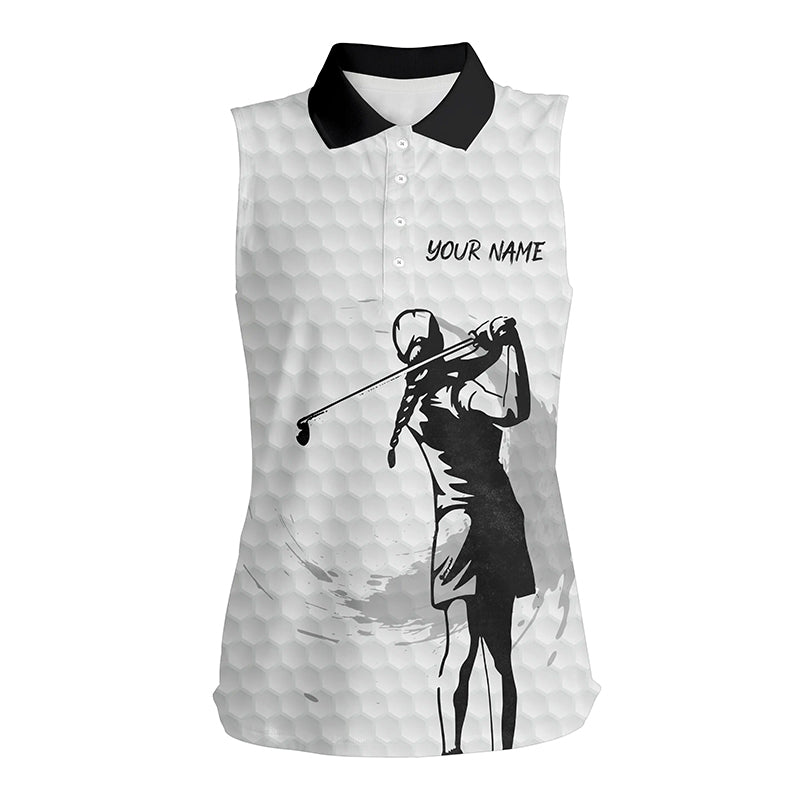 Women sleeveless polo shirt custom name black and white golf ball, golf gift for her NQS5340