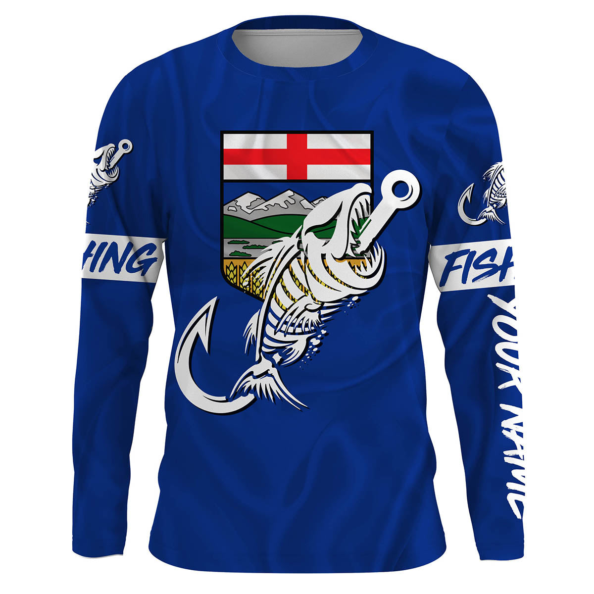 Customized Alberta long sleeve fishing shirts Alberta Flag Fish hook skull performance fishing shirts NQS3517