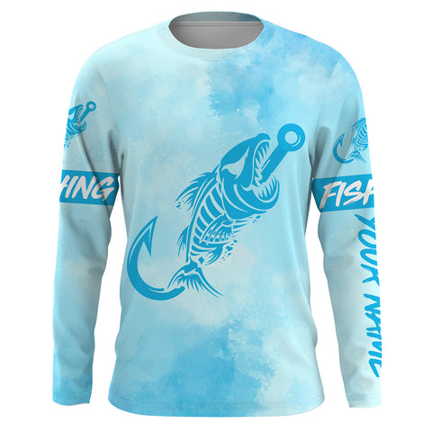 Customized Blue sky Fish hook skull reaper sun protection performance long sleeve fishing shirts NQS3522