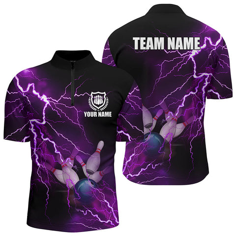 Men's bowling Quarter Zip shirts Custom purple lightning thunder Bowling Team Jersey, gift for Bowlers NQS6220