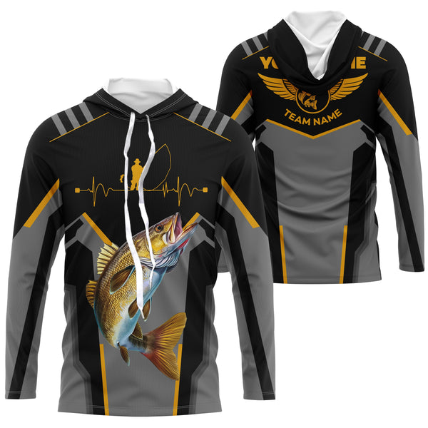 Personalized Black Walleye Fishing jerseys, Team Walleye Fishing Long Sleeve tournament shirts| Yellow NQS6223