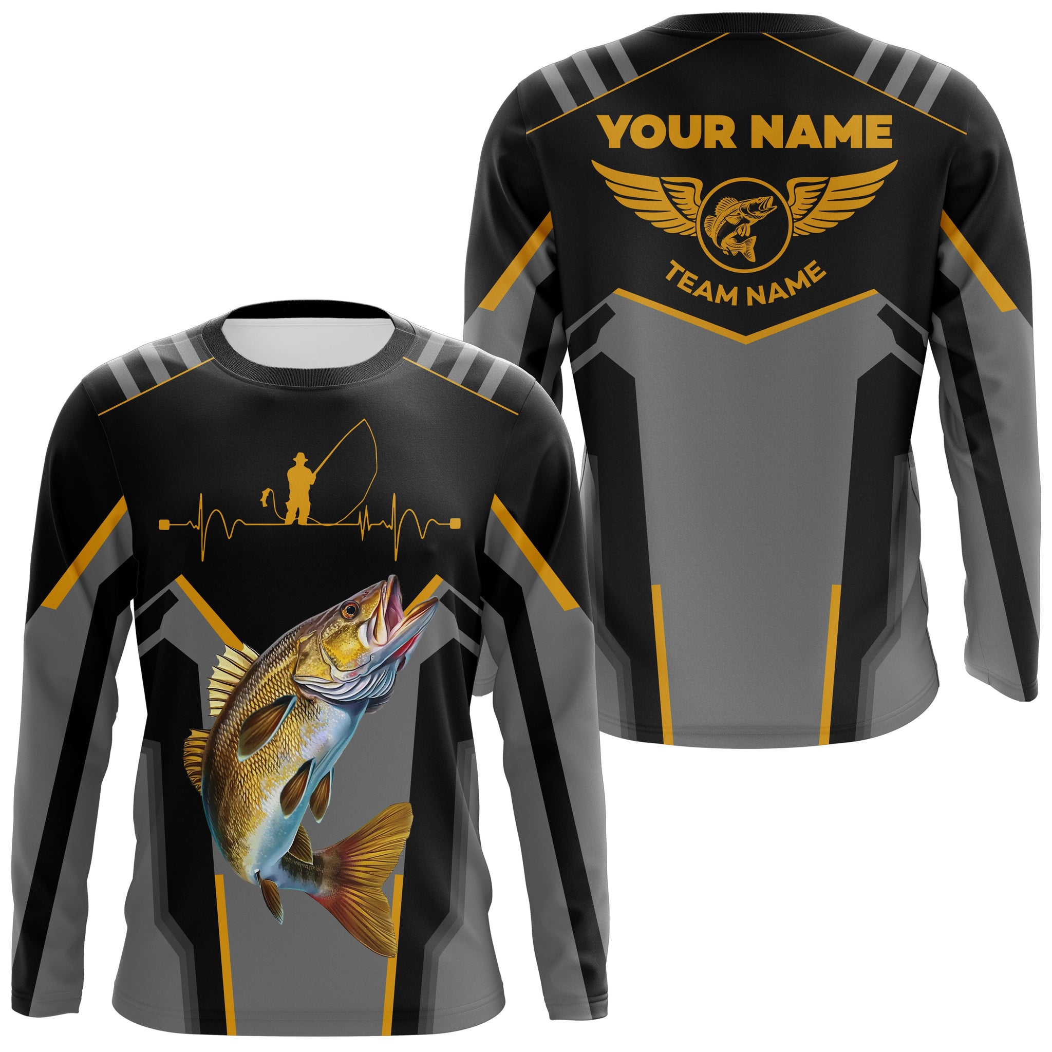 Personalized Black Walleye Fishing Jerseys, Team Walleye Fishing Long Sleeve Tournament Shirts| Yellow NQS6223, Long Sleeves UPF + Face Shield / 5XL