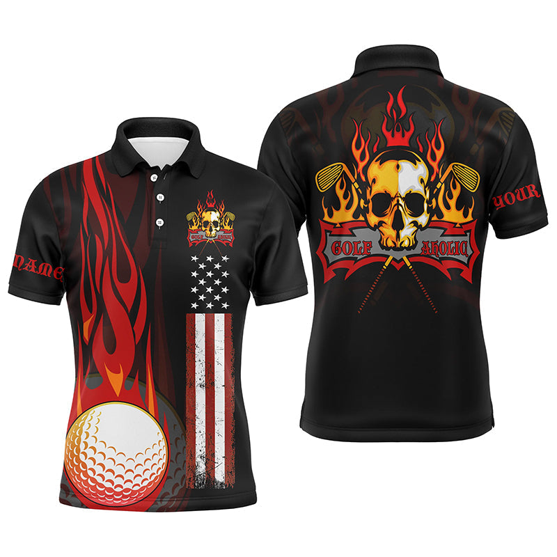 Golf skull Men golf polo shirts custom name flame golf ball American flag patriotic golf shirt for men NQS4428