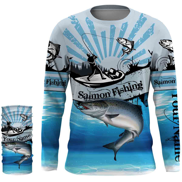 Salmon fishing blue jerseys Custom Name 3D All over Printed UV Protection Shirts, custom fishing gifts NQS3008