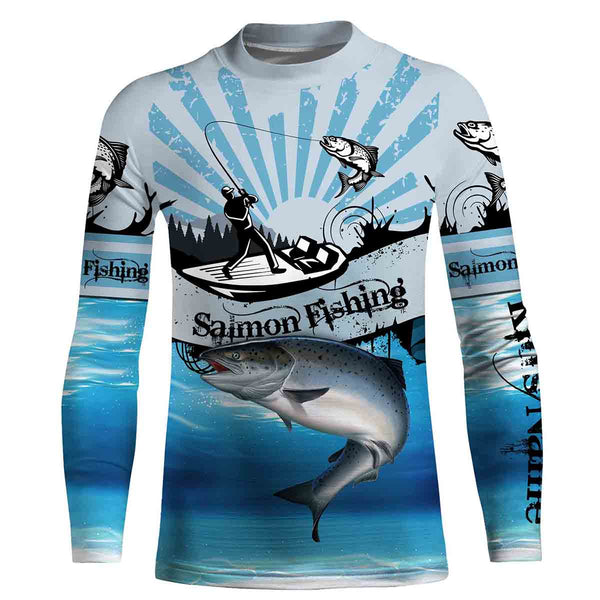 Salmon fishing blue jerseys Custom Name 3D All over Printed UV Protection Shirts, custom fishing gifts NQS3008