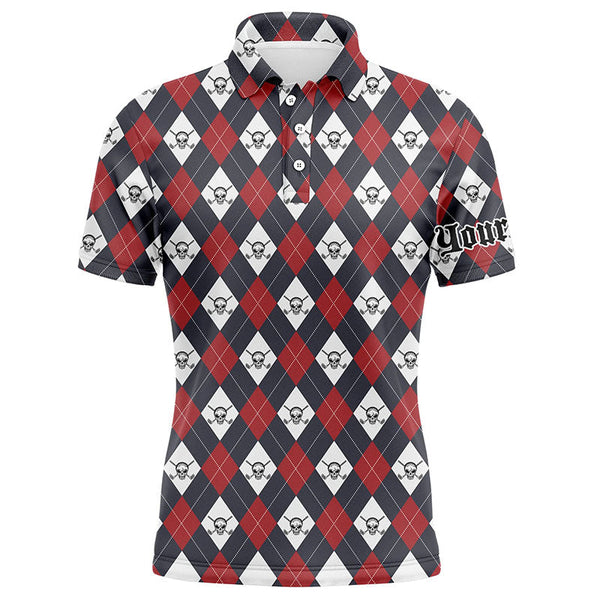 Mens golf polo shirt argyle plaid pattern golf skull custom name team mens golf tops, golfing gifts NQS6021