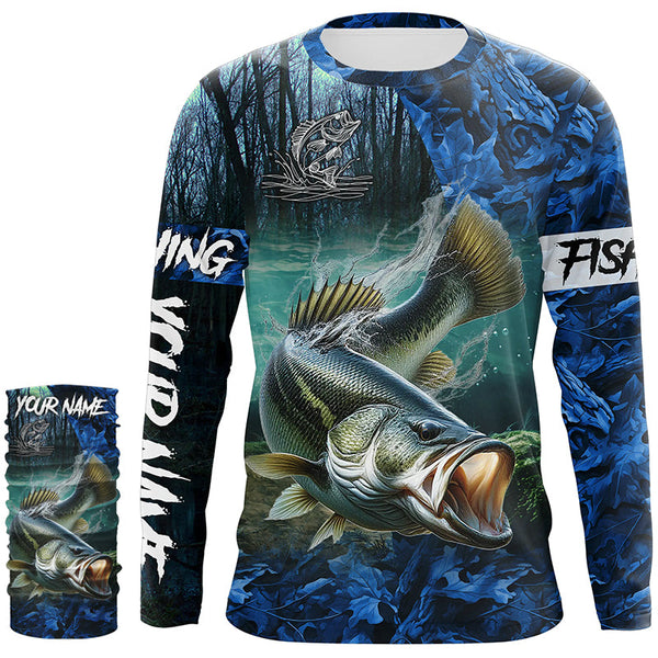 Largemouth bass Fishing blue camo customize name UV protection long sleeves shirts fishing apparel NQS2310