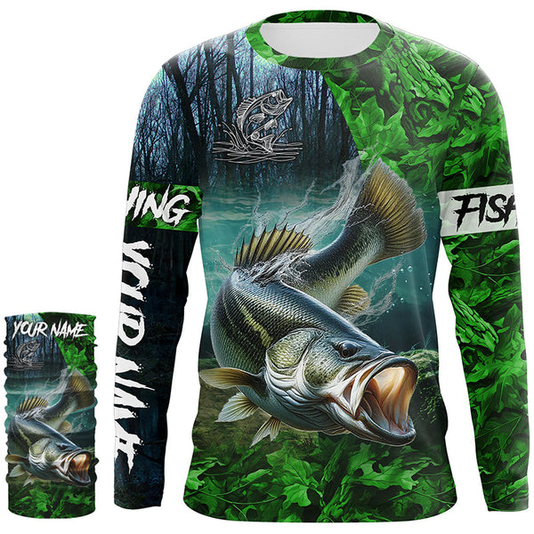 Largemouth bass Fishing green camo UV protection customize name long sleeves shirts fishing apparel NQS2311