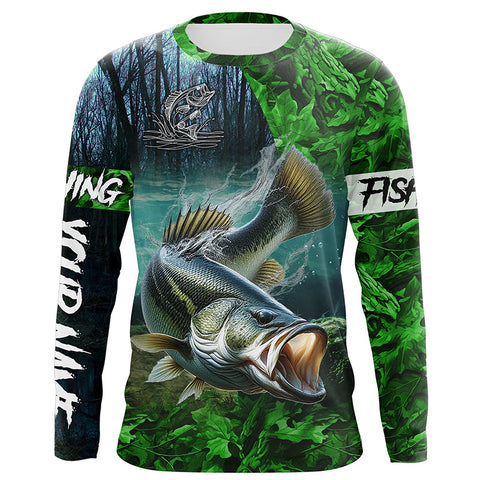 Largemouth bass Fishing green camo UV protection customize name long sleeves shirts fishing apparel NQS2311