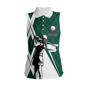 White Womens sleeveless polo shirt custom green argyle pattern golf shirts for ladies, golfing gifts NQS5839