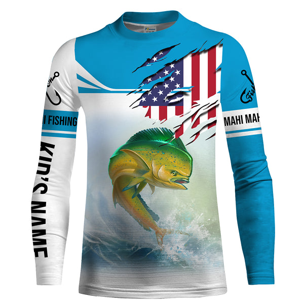 Mahi mahi Dorado Fishing American flag patriotic UV protection quick dry customize name long sleeves fishing shirts UPF 30+ NQS2314