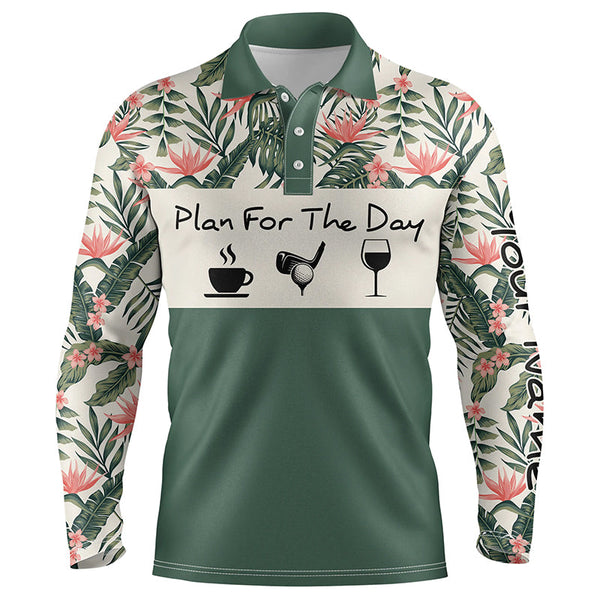 Mens golf polo shirt plan for the day coffee golf wine custom name tropical green leaves golf shirt NQS3998