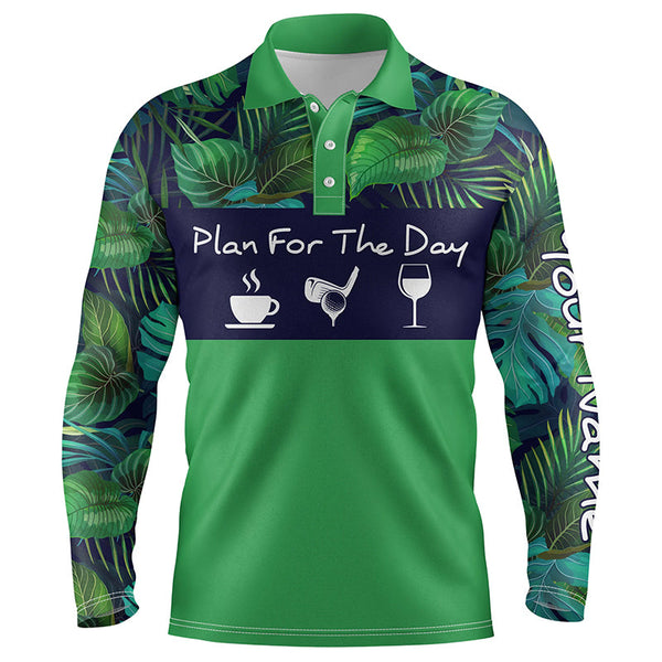 Mens golf polo shirt plan for the day coffee golf wine custom name green tropical plants golf shirt NQS4000