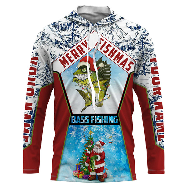 Merry fishmas Bass Fishing custom name sun protection long sleeve fishing shirts, Santa fishing jersey NQS4455