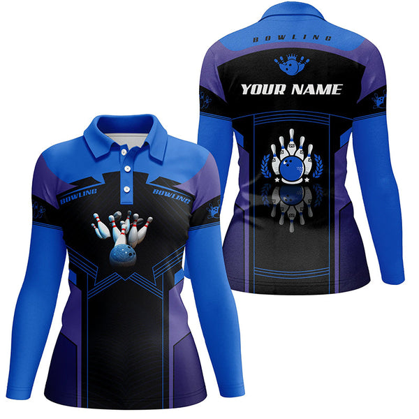 Personalized polo bowling shirts for women, custom bowling team shirts gift for girl bowlers | Blue NQS5350