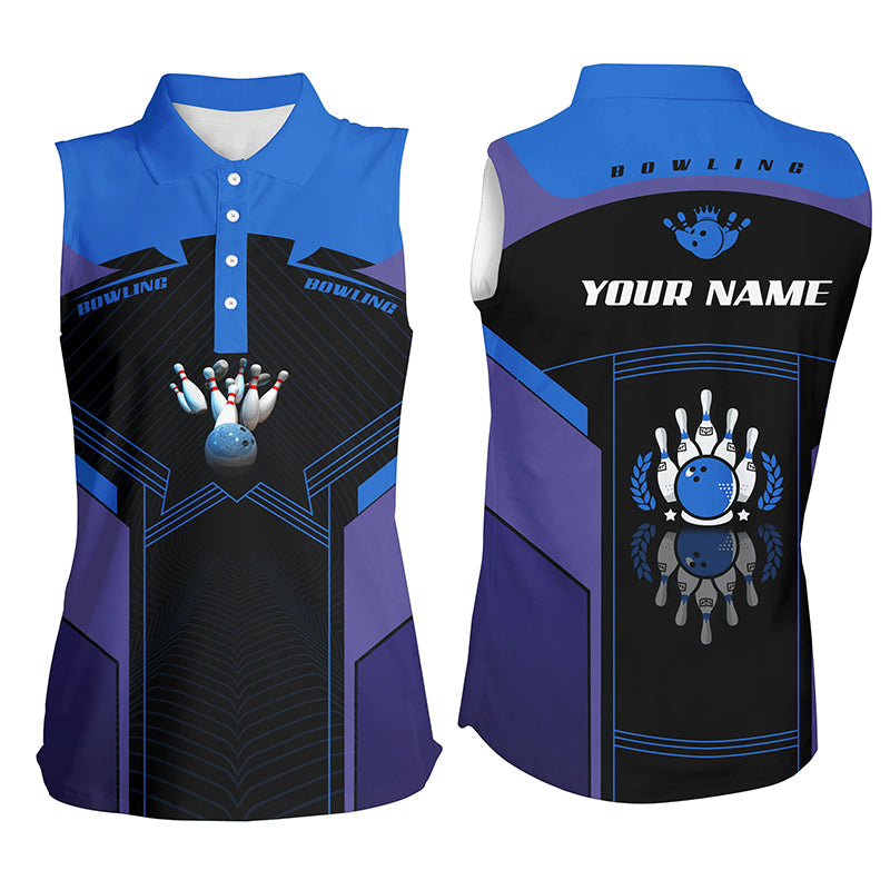 Personalized bowling Sleeveless polo Shirt for women custom bowling team shirts gift for bowler | Blue NQS5350