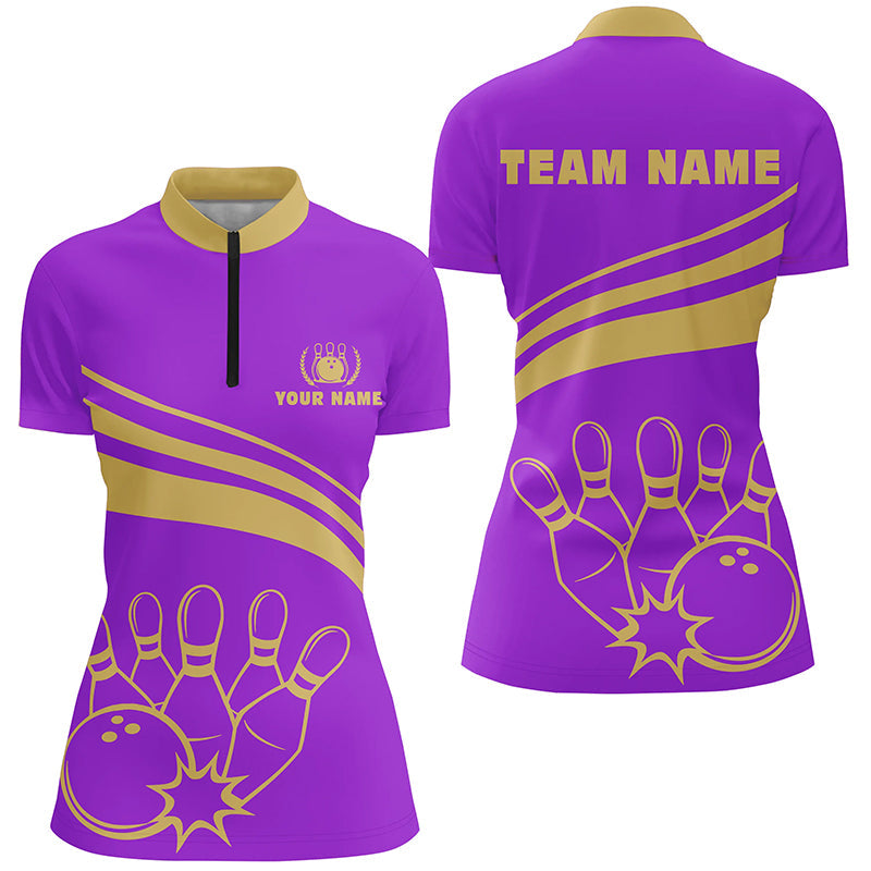 Personalized bowling Quarter Zip shirts for women, womens bowling shirts team bowl jersey | Purple NQS5354