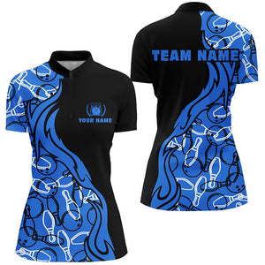 Black blue pattern bowling Quarter Zip shirts for women, custom team bowling jerseys for girl bowlers NQS5355