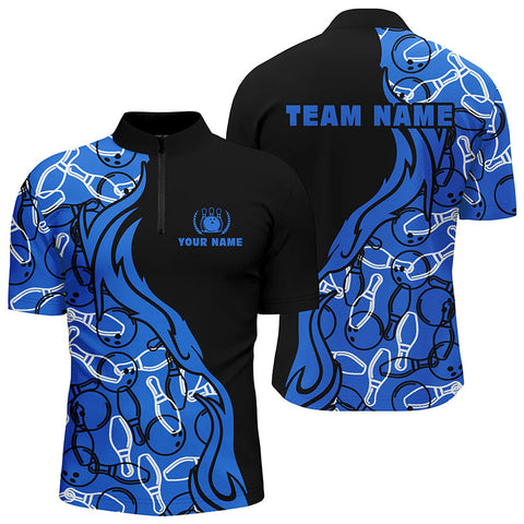 Black and blue pattern bowling Quarter Zip shirts for men, custom team bowling jerseys for men bowlers NQS5355