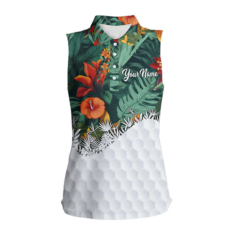 Personalized green tropical plants and flowers pattern Womens sleeveless polo shirts ladies golf tops NQS5585