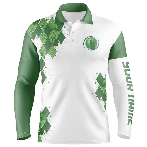 Custom mens golf polo shirts, White And Green Argyle Pattern Polo Shirt for men NQS5588