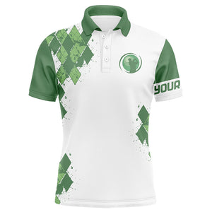 Custom mens golf polo shirts, White And Green Argyle Pattern Polo Shirt for men NQS5588