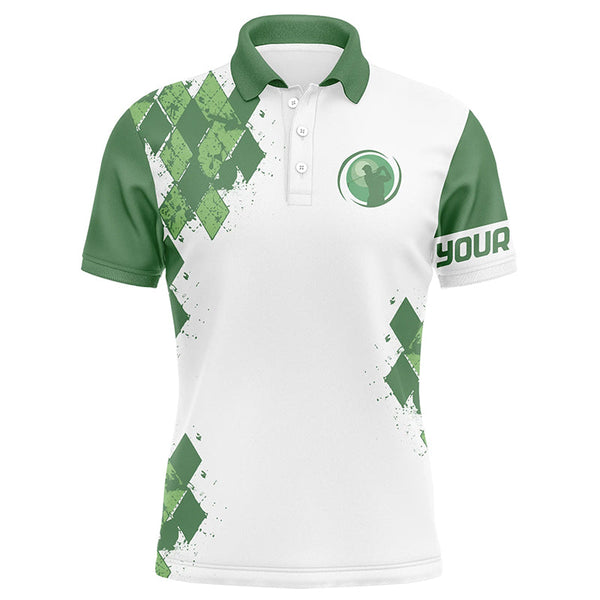 Custom mens golf polo shirts, White And Green Argyle Pattern Polo Shirt for men NQS5588