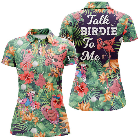 Funny Womens golf polo shirt custom green tropical flower flamingo golf shirts talk birdie to me NQS5364