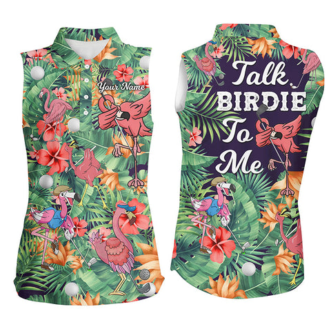 Funny Women sleeveless polo shirt custom green tropical flower flamingo golf shirts talk birdie to me NQS5364
