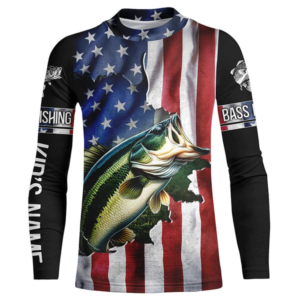 Largemouth Bass fishing American Flag Patriotic Fourth of July personalized fishing shirts NQS403