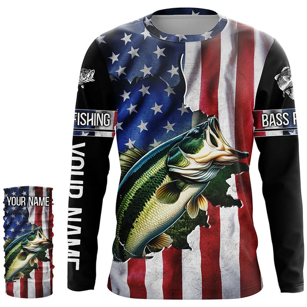 Largemouth Bass fishing American Flag Patriotic Fourth of July personalized fishing shirts NQS403