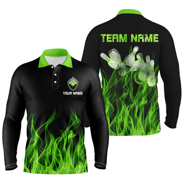 Personalized Men polo Bowling Shirt Green Flame Bowling Ball and Pins bowling jerseys for men Bowler NQS6034