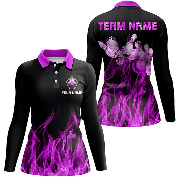 Purple flame Womens bowling polo shirt black Bowling Jerseys Personalized Bowling Team Shirts NQS6035