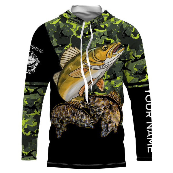 Walleye fishing black green camo personalized custom name sun protection long sleeve fishing shirts NQS3849