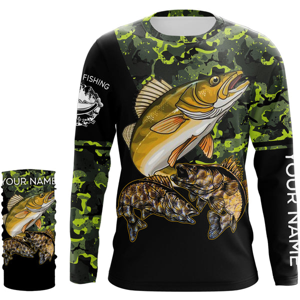 Walleye fishing black green camo personalized custom name sun protection long sleeve fishing shirts NQS3849