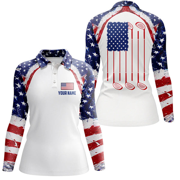 Watercolor American flag white Womens golf polo shirt custom golf tops for ladies patriotic golf gift NQS5376