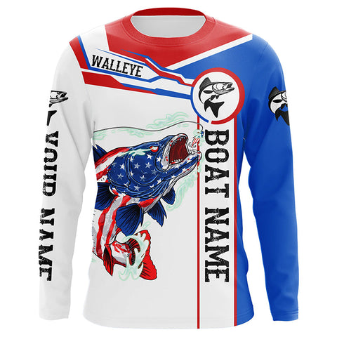 Angry Walleye American flag patriotic fishing Custom name and boat name tournament fishing shirts NQS5603