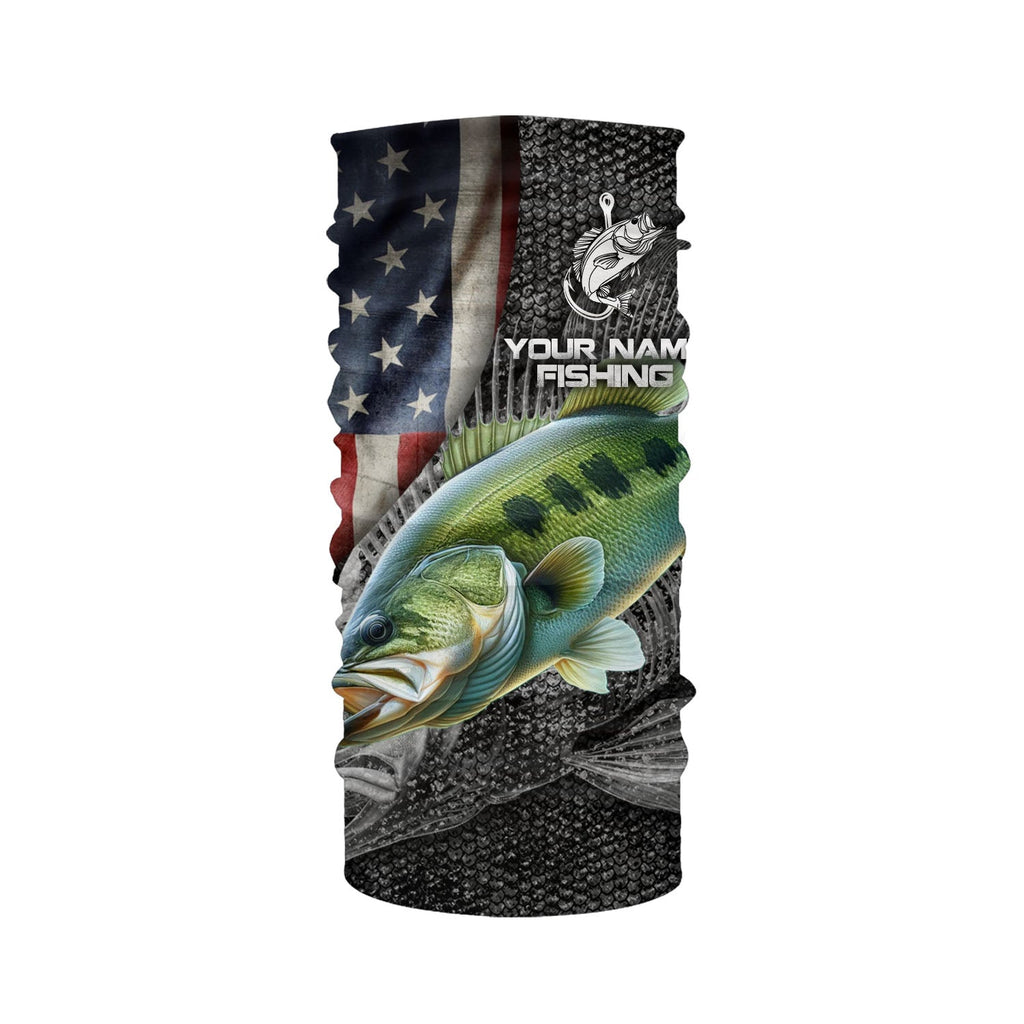 Largemouth Bass Fishing American Flag Custom Skull Fishing Shirts for Men Performance Long Sleeve NQS1085 Face Shield / 4XL