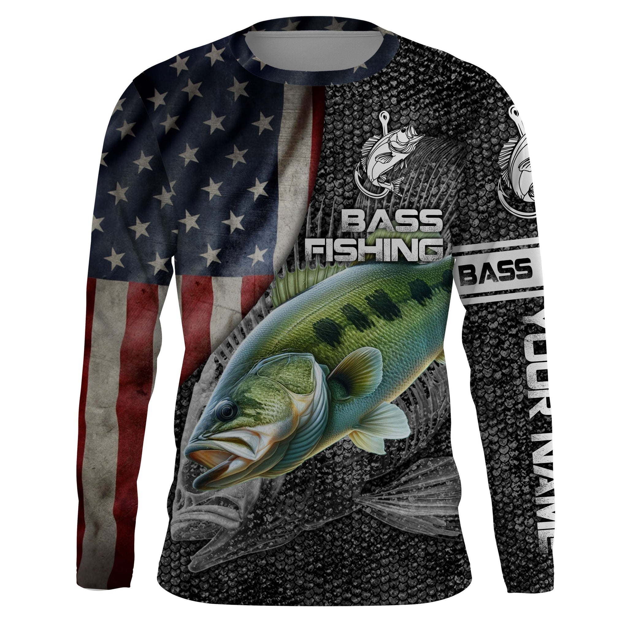Largemouth Bass Fishing American Flag Custom Skull Fishing Shirts for Men Performance Long Sleeve NQS1085 Long Sleeves Hooded UPF / 3XL