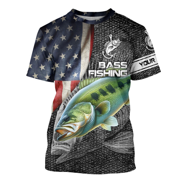 Largemouth Bass fishing American flag custom skull fishing shirts for men Performance Long Sleeve NQS1085