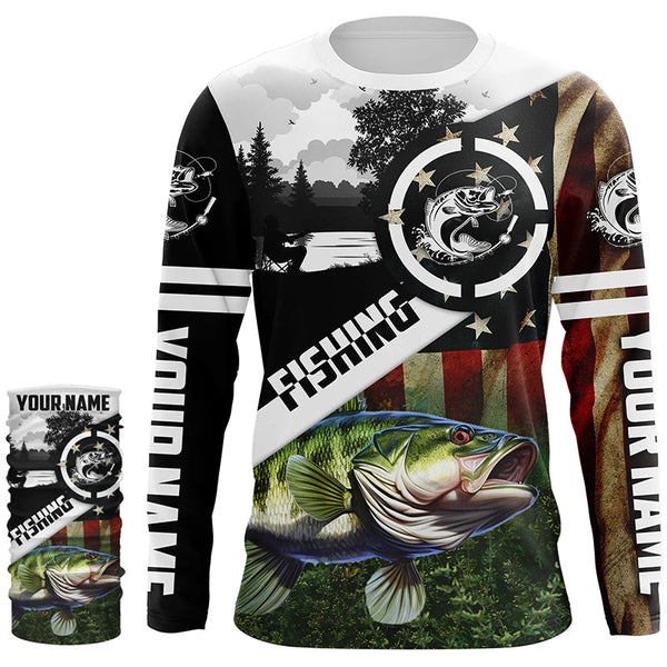 Largemouth Bass Fishing American flag patriot customize performance long sleeve fishing shirt NQS1909
